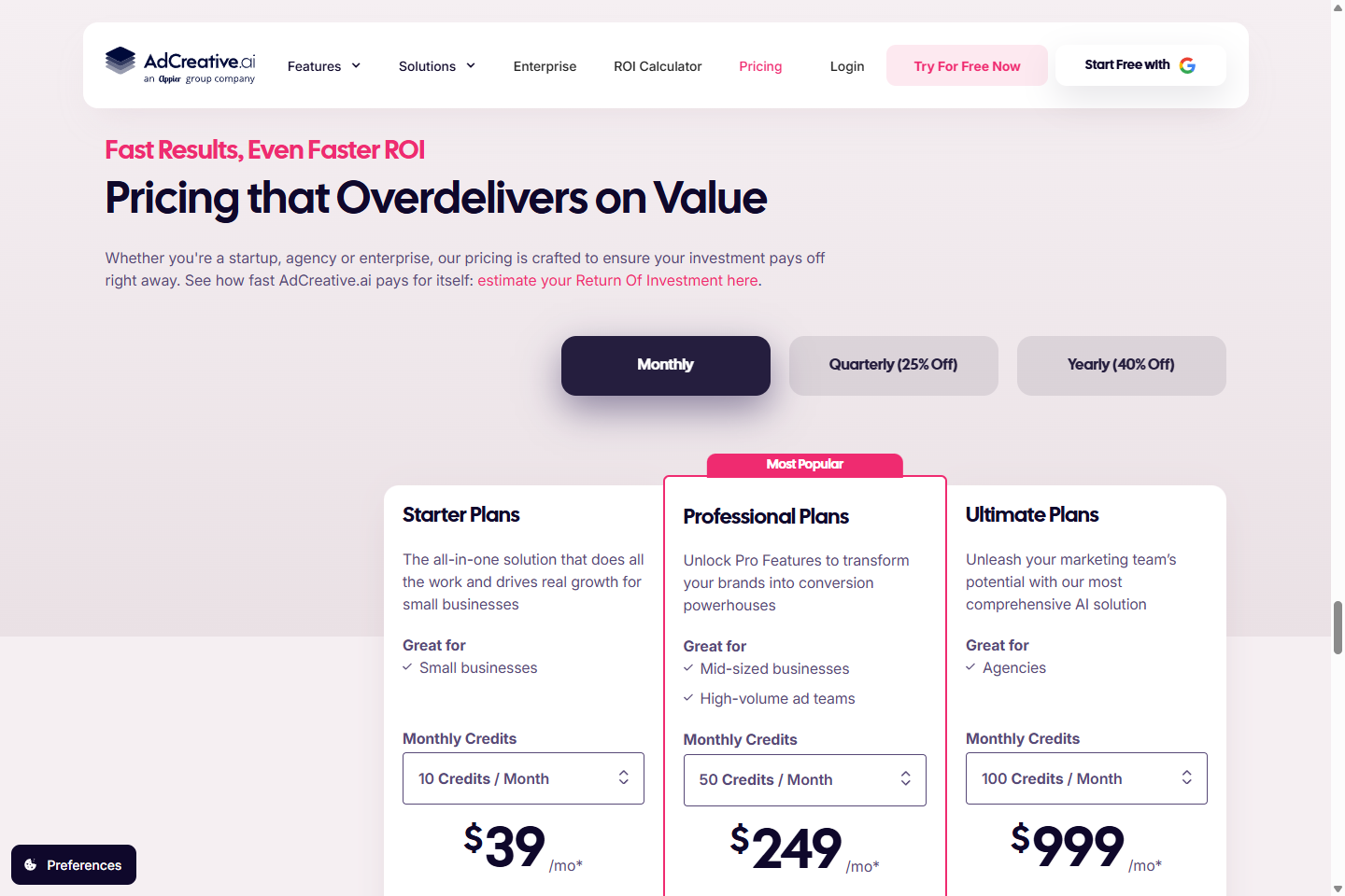 AdCreative.ai pricing section with Starter, Professional, and Ultimate plans