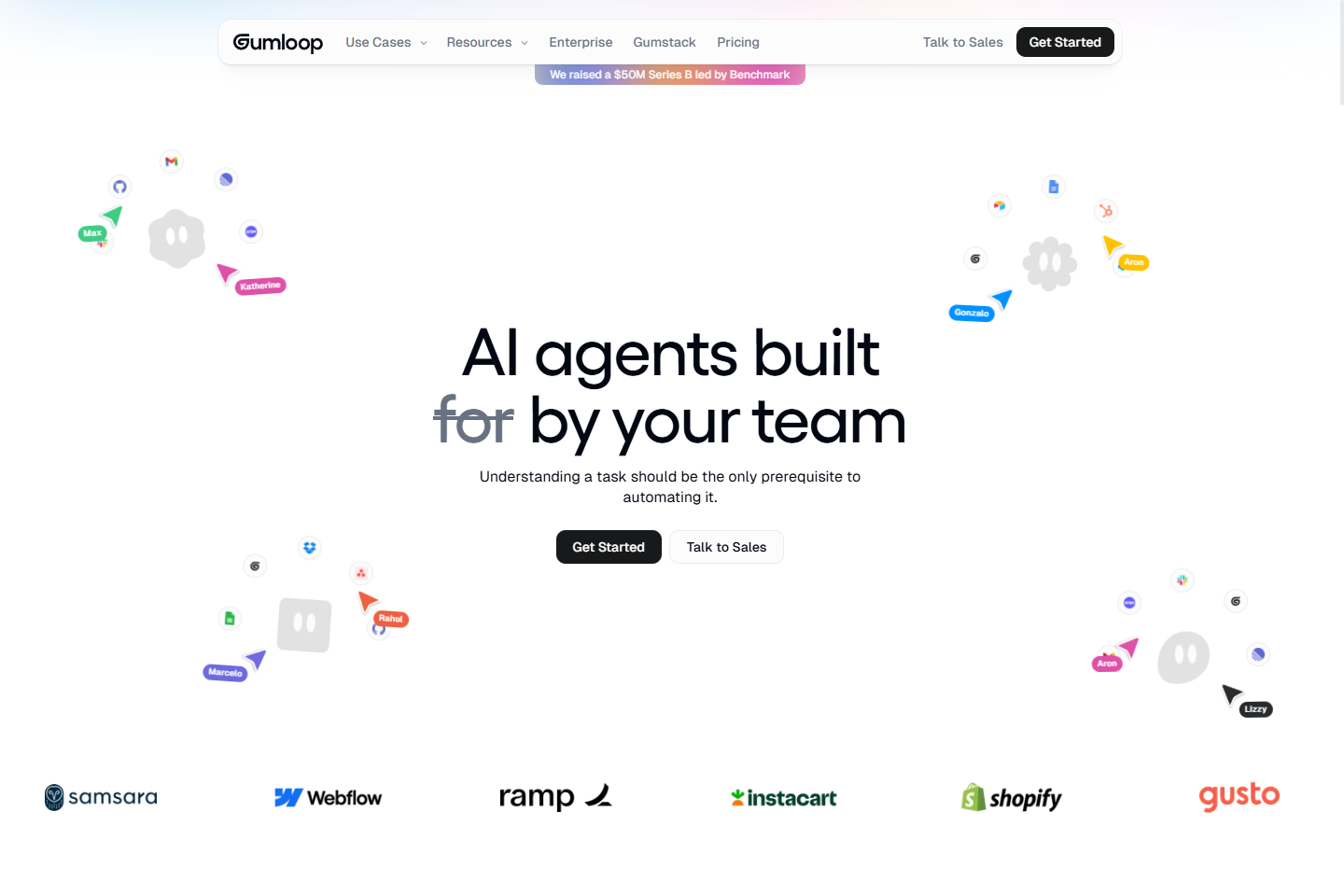 Gumloop homepage with AI agents and automation framework positioning