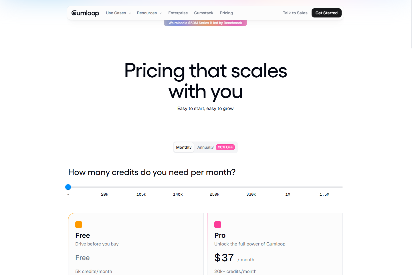 Gumloop pricing page with Free, Pro, and Enterprise