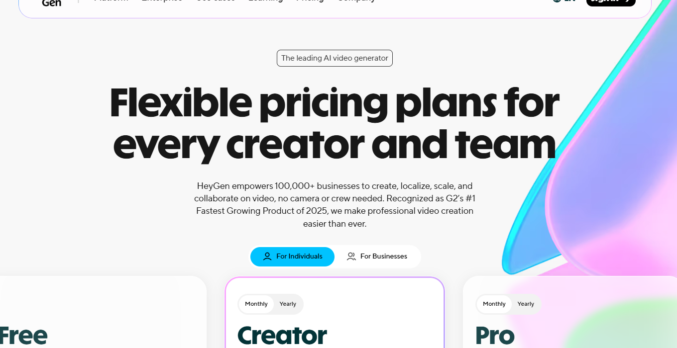 HeyGen pricing page with Free, Creator, and Pro plans