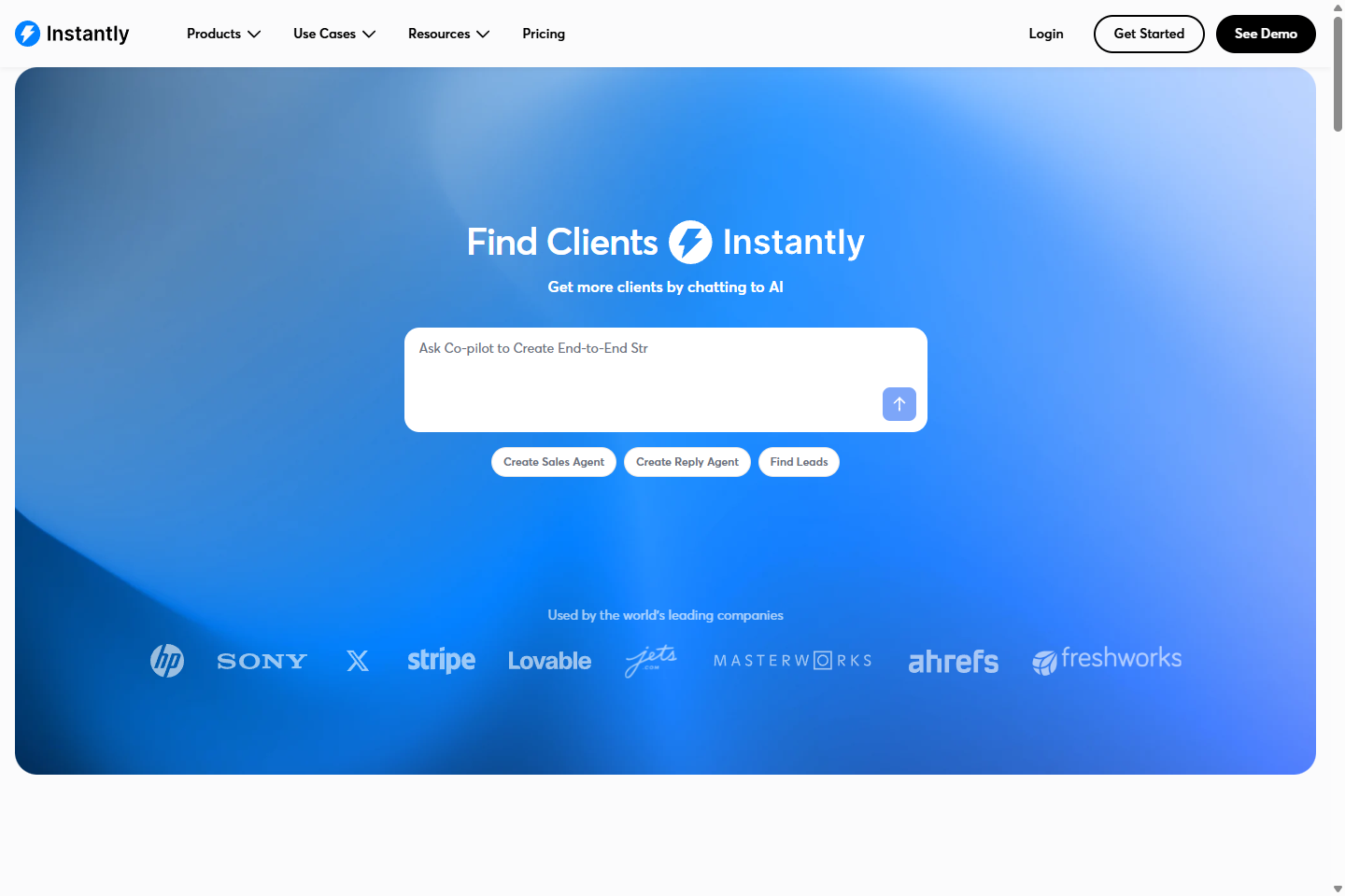 Instantly homepage with Sales Engagement and Lead Intelligence positioning