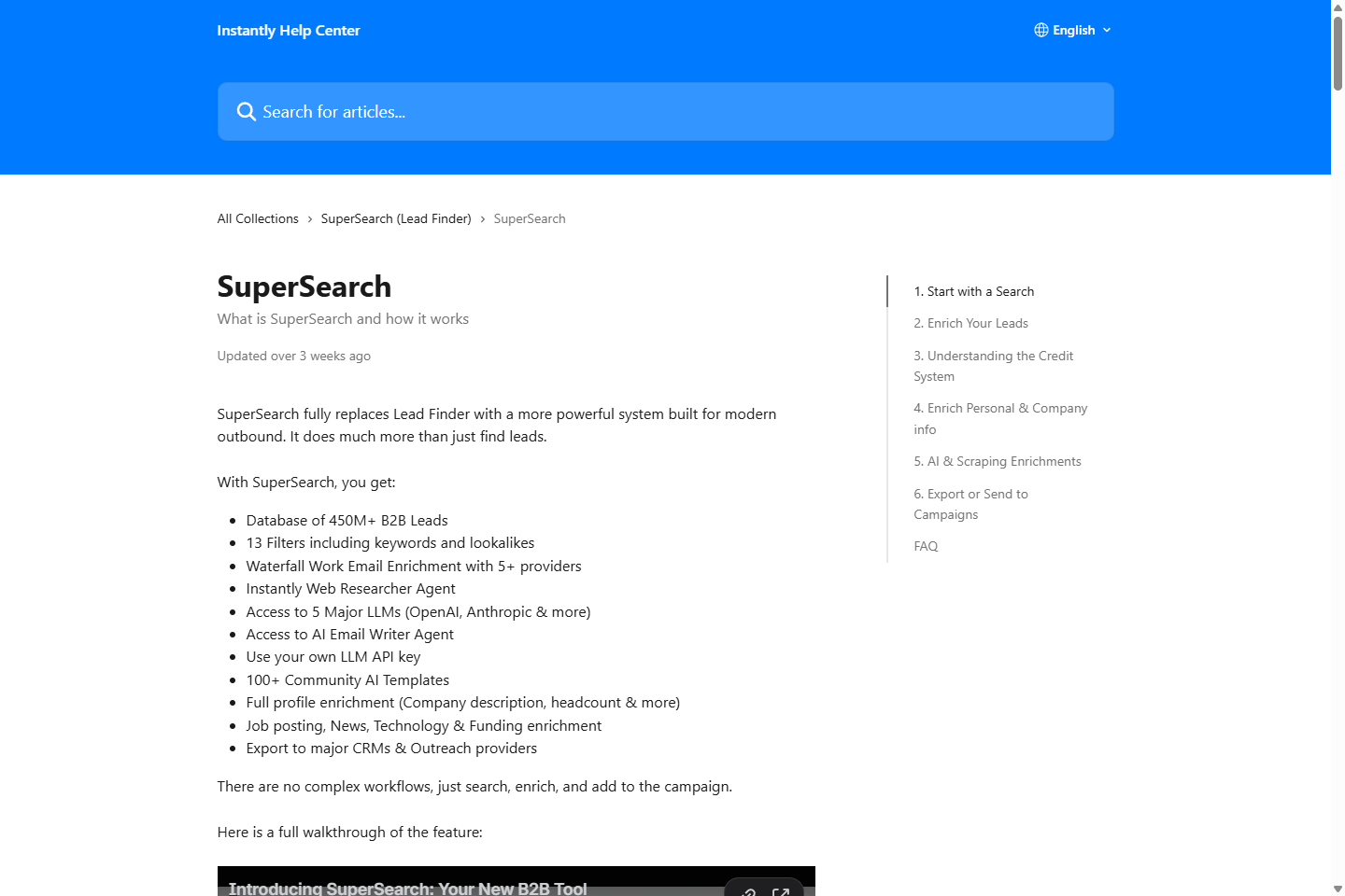 Instantly SuperSearch documentation showing lead intelligence and enrichment