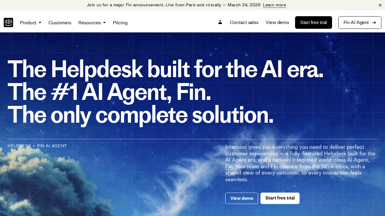 Intercom homepage positioned as an AI-first helpdesk