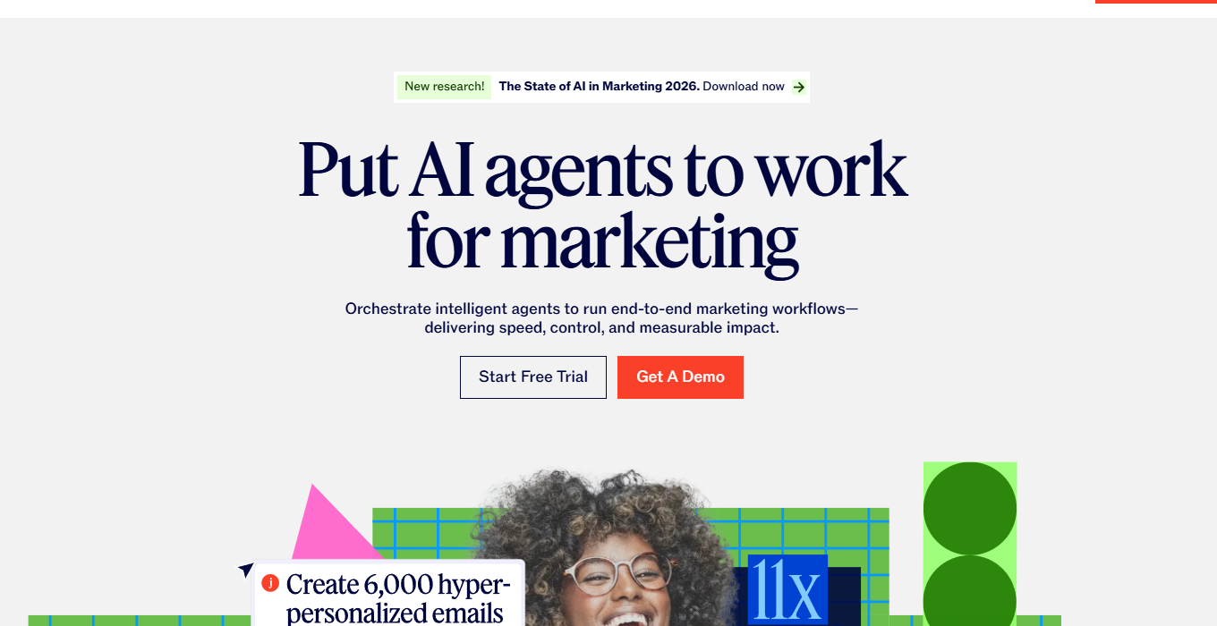 Jasper homepage hero focused on AI agents for marketing