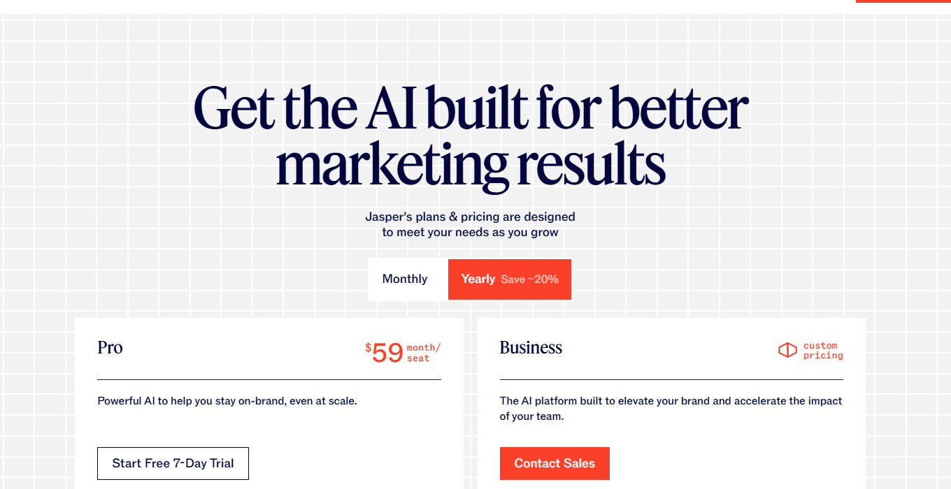 Jasper pricing page with Pro and Business plans
