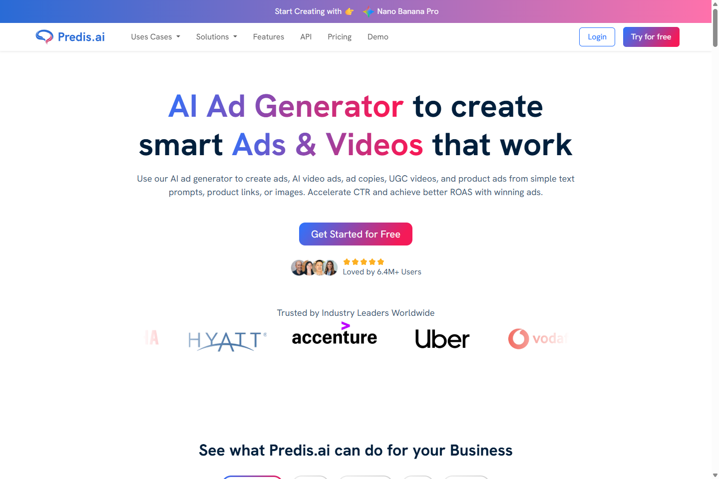 Predis.ai hero section focused on AI ads and creative generation