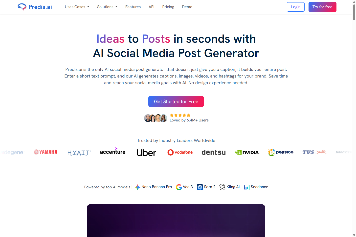 Predis page for the AI social media post generator