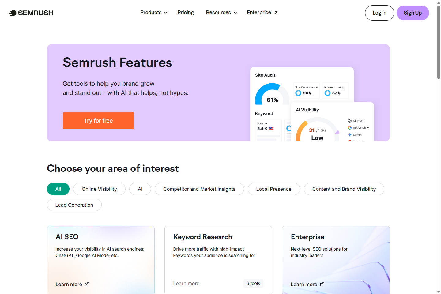 Semrush One and AI Visibility sections inside the platform story