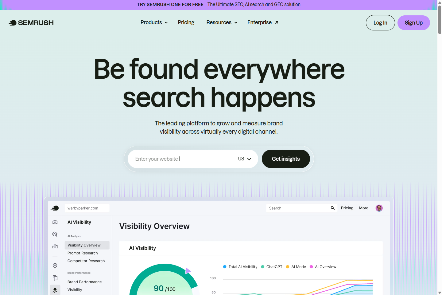 Semrush homepage showing Semrush One and AI visibility