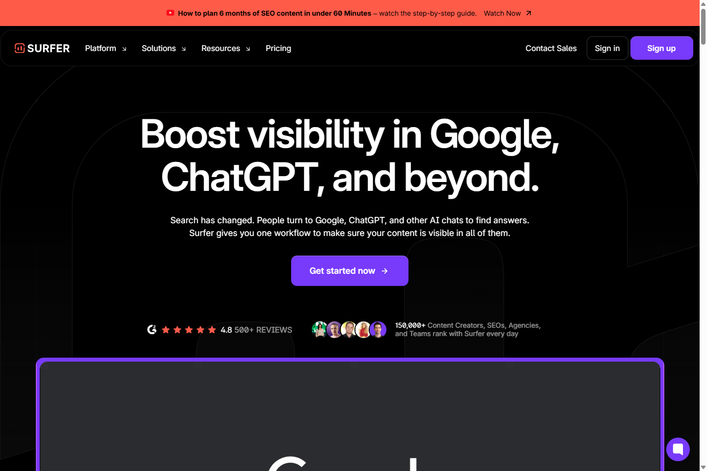 Surfer homepage focused on AI search and content workflow