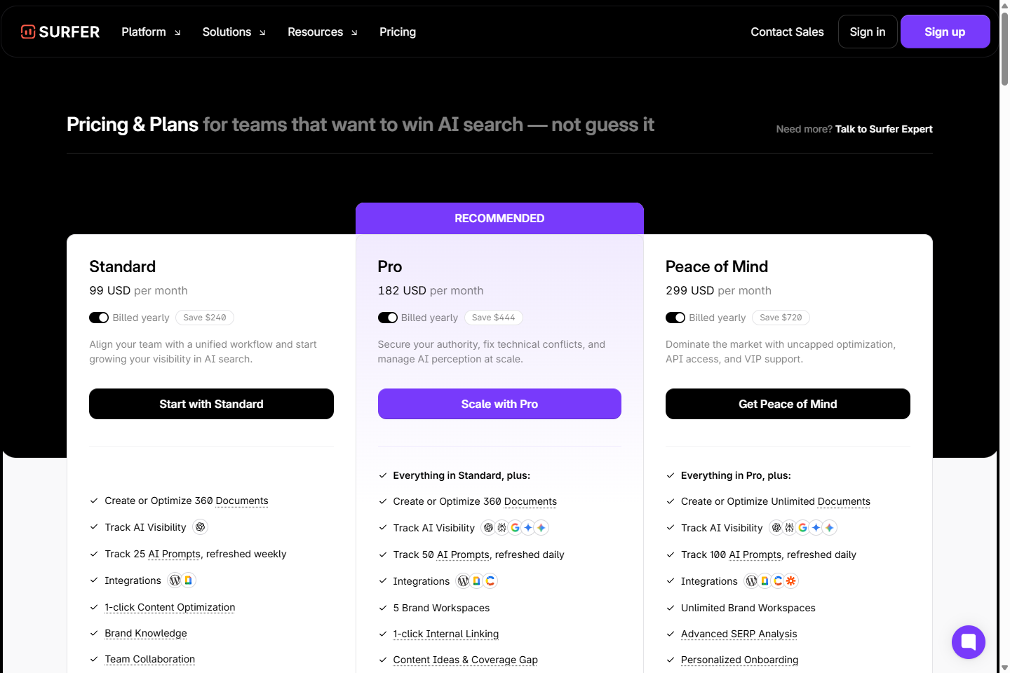 Surfer pricing with Discovery, Standard, Pro, and Peace of Mind