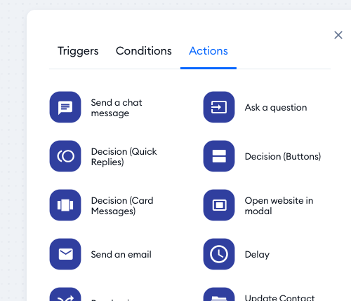 Actions panel in the Tidio Flows builder