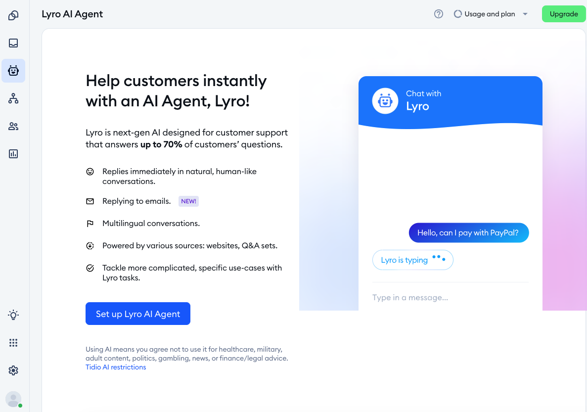 Lyro AI Agent screen in Tidio