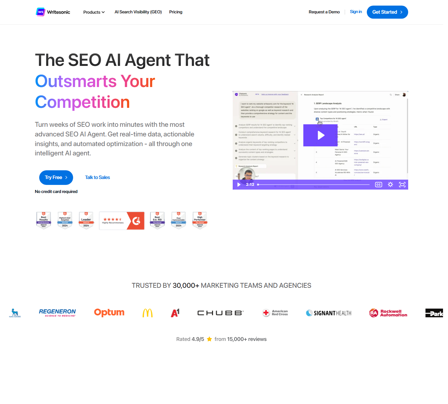 Writesonic SEO AI Agent screen with competitor research and an SEO plan